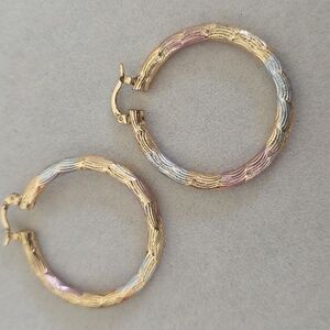 Gold Filled Tricolor Hoop Earrings with Diamond Cut Design 1.5"